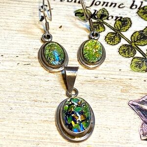 Vintage Pendant & Earring Set Mexico 925 Sterling Silver & Dichroic Jewelry